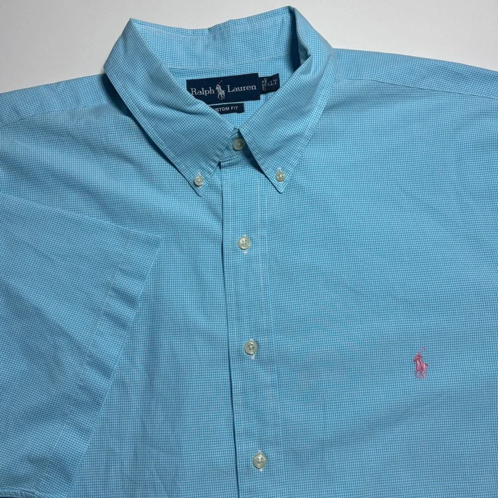 Ralph Lauren Custom Fit Gingham Mens XLT Blue Short Sleeve Button Down Shirt